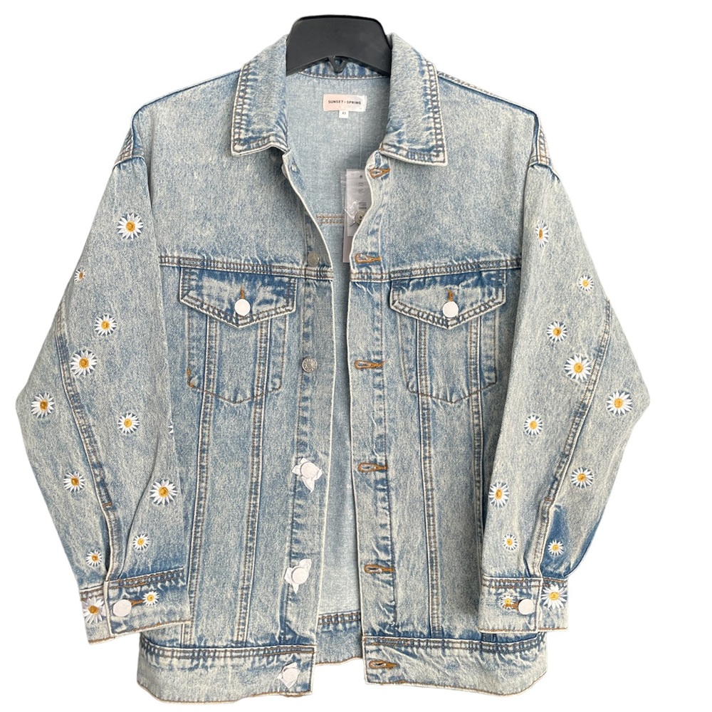 SUNSET & SPRING Cotton Embroidered Daisies Denim Jacket - NWT - Size XS - Picture 2 of 5
